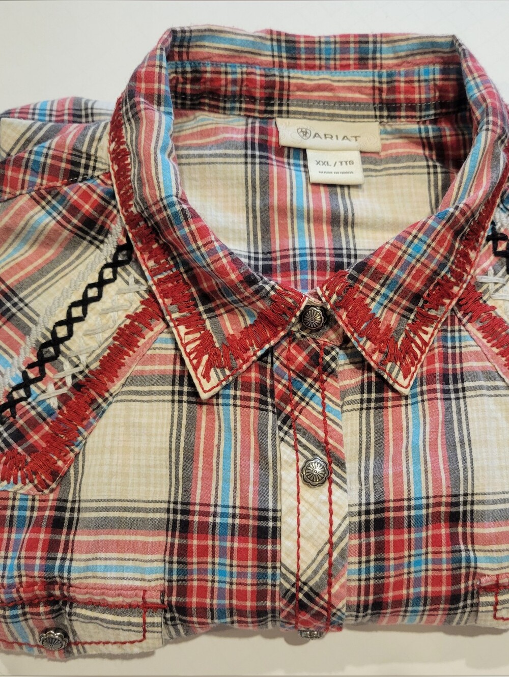 Ariat Red, Teal & Black Plaid Snap Button Shirt